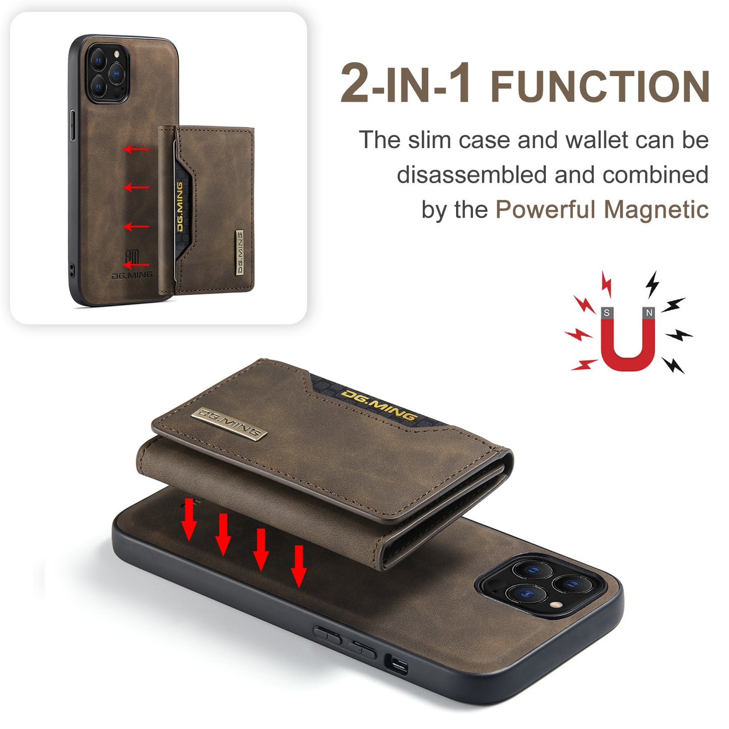 2in1 Magnetic Leather Phone Case & Magnetic Card Wallet for iPhone Series